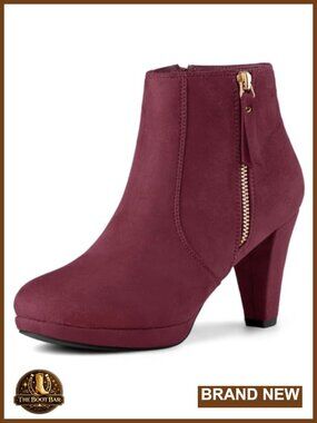 Faux Suede Chunky Heel Platform Ankle Boots Round Toe Side Zip Heeled Booties